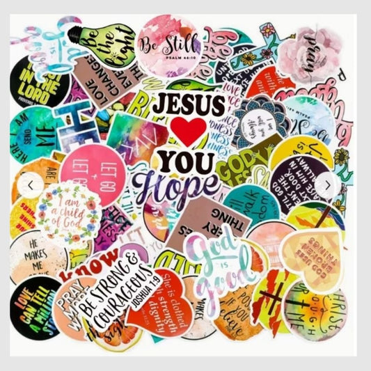 A colourful assortment of Christian themed stickers