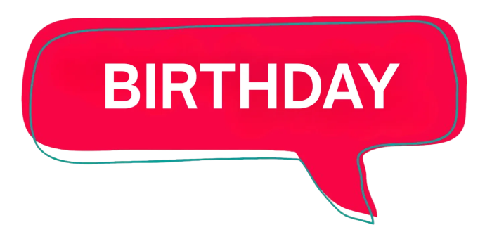 A red speech bubble graphic with the word 'BIRTHDAY' in white capital letters, centered on a soft pastel gradient background.