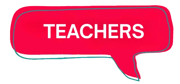 A bright red speech bubble graphic with the word "TEACHERS" in white capital letters, centered on a soft pastel gradient background.