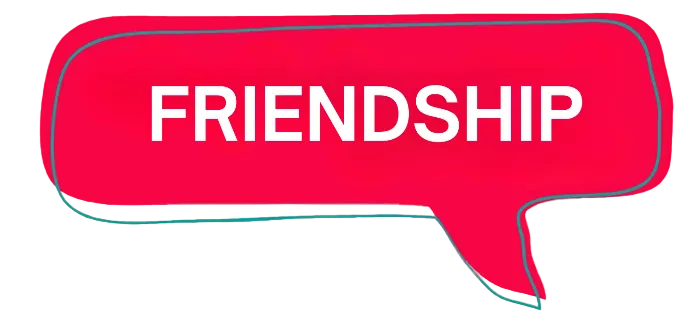 A red speech-bubble graphic with the word "FRIENDSHIP" in white uppercase letters, outlined in teal, centered on a soft pastel gradient background.