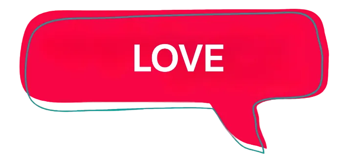 A bright red speech-bubble graphic with the word "LOVE" in white centered inside, outlined in teal, on a soft pale green and pink gradient background.