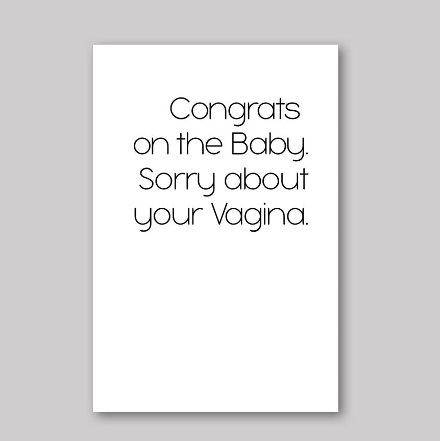 congrats on the baby card white background bold text reads congrats on the baby sorry about your vagina