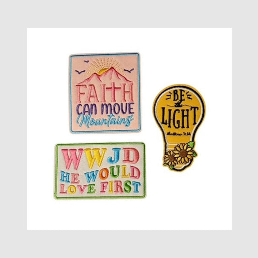 Set of 3 Christian iron-on patches featuring Faith Can Move Mountains, Be the Light and WWJD faith-inspired designs.