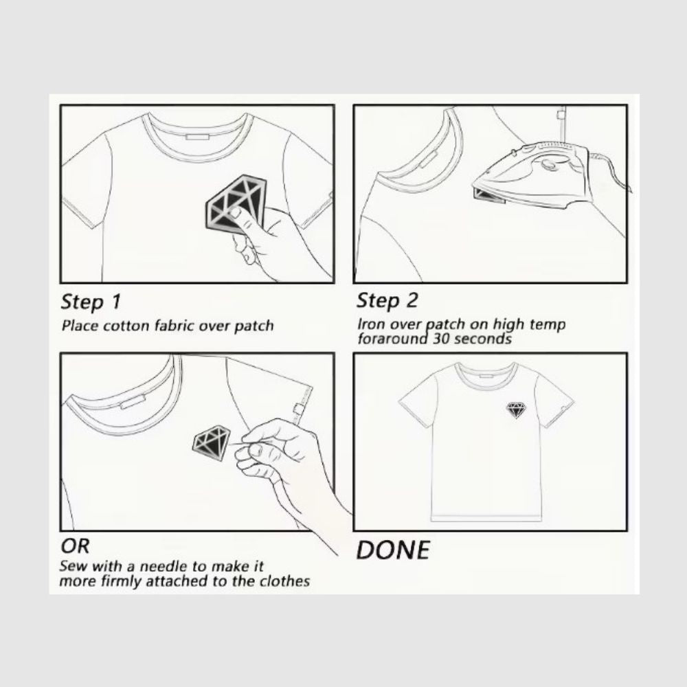 Instructions on how to apply patches onto fabric using an iron.