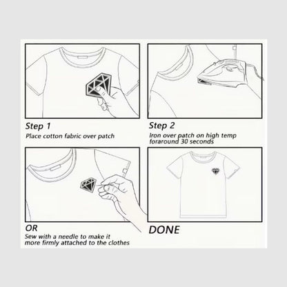 Instructions on how to apply patches onto fabric using an iron.