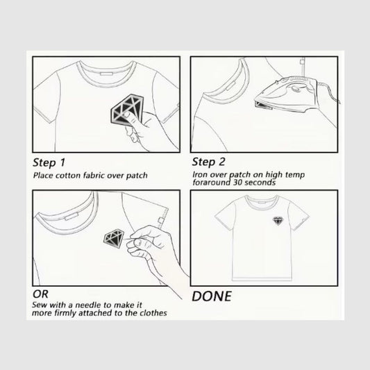 Instructions on how to apply patches onto fabric using an iron.