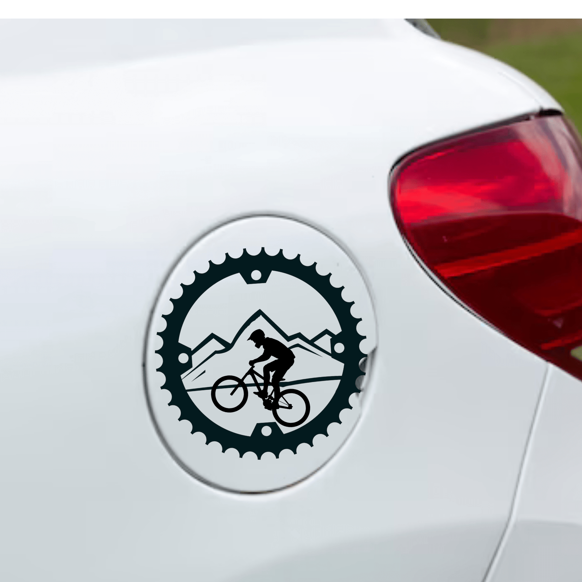 mountain biking gas tank door car decal vinyl fuel door decal MTB design applied to vehicle exterior