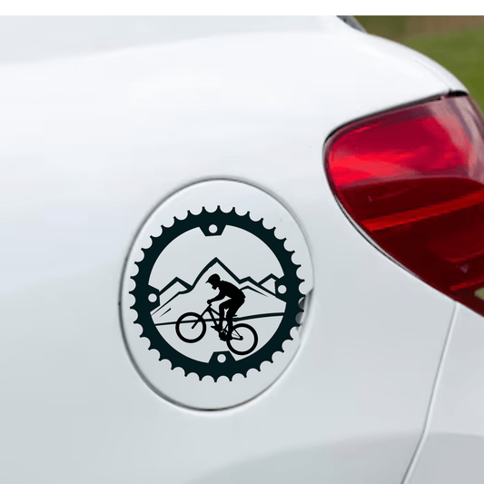 mountain biking gas tank door car decal vinyl fuel door decal MTB design applied to vehicle exterior